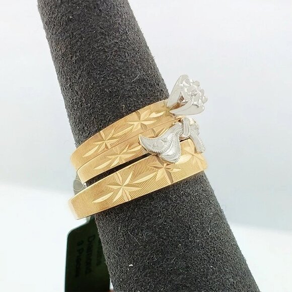 Genuine Diamond Trio-Wedding Set Rings 14k Gold - Picture 8 of 11